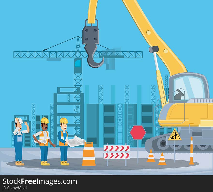 Under construction zone with enginners and crane truck over blue background, colorful design vector illustration. Under construction zone with enginners and crane truck over blue background, colorful design vector illustration