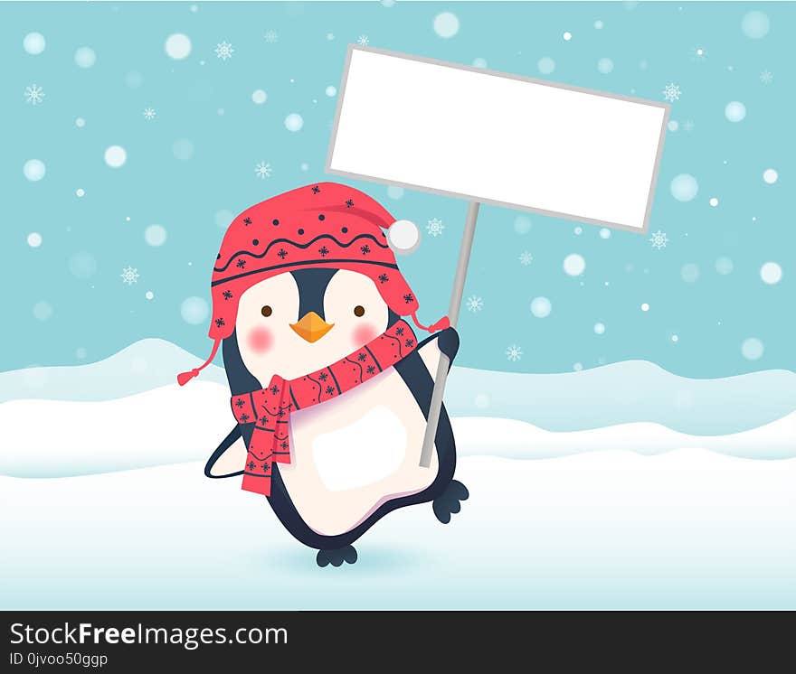 Penguin holding blank sign. Penguin cartoon vector illustration. Penguin holding blank sign. Penguin cartoon vector illustration.