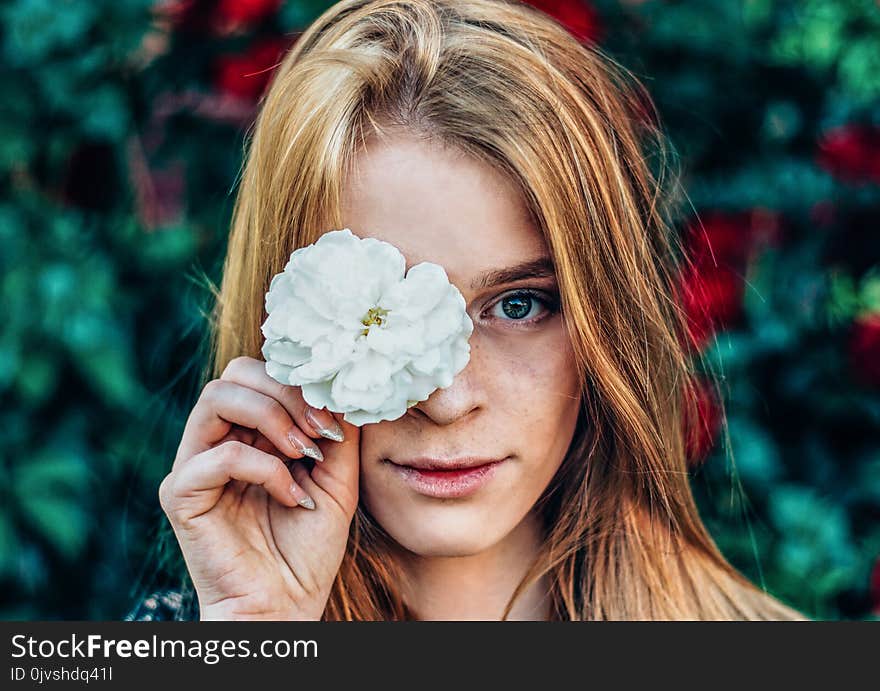 Shallow Focus Photography of Woman Holding White Flower