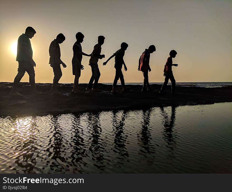 Group of Children Walking Near Body of Water Silhouette Photography