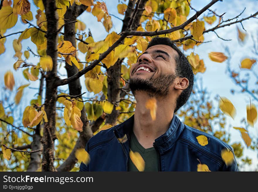 Man With Blue Denim Zip-up Jacket Near Yellow Leaf Tree