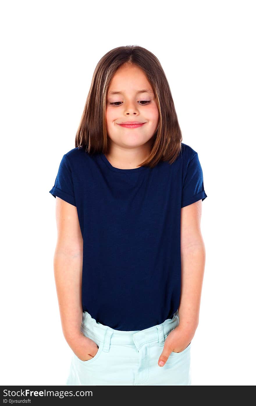 Happy small girl with long straight hair isolated on a white background