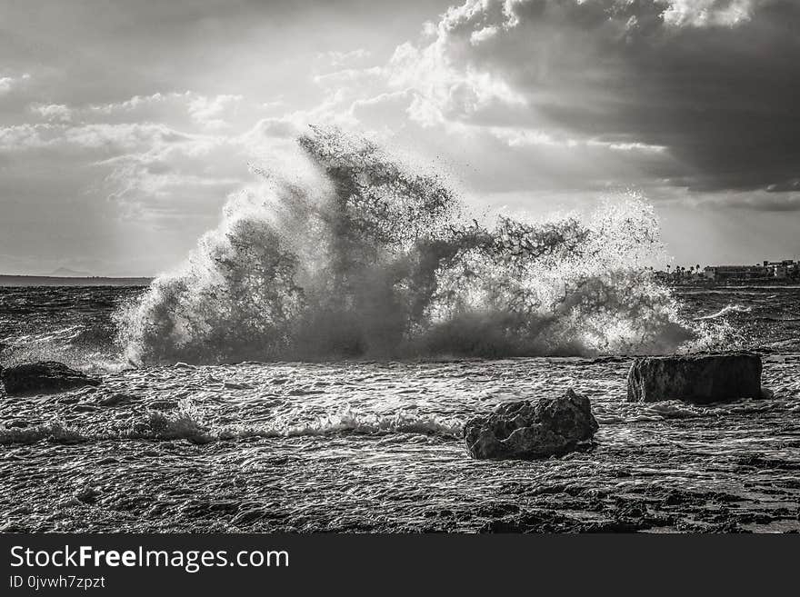 Sea, Wave, Sky, Black And White