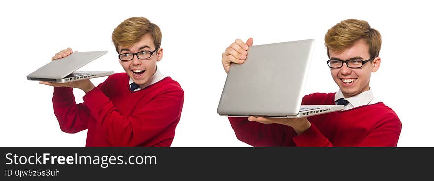 The student using laptop isolated on white