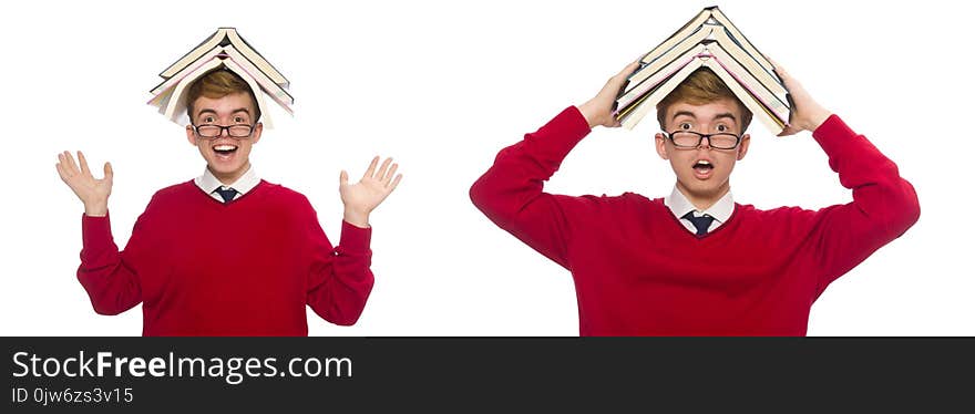 The funny student with books isolated on white