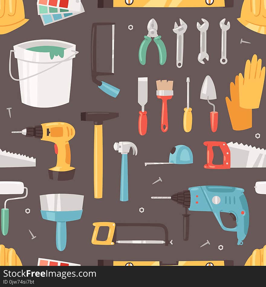 Construction equipment vector constructive tools of builder or constructor with hammer and screwdriver illustration of carpenters toolbox set seamless pattern background.