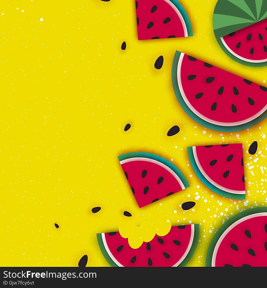 Watermelon Super Summer Sale Banner in paper cut style. Origami juicy ripe watermelon slices. Healthy food on yellow