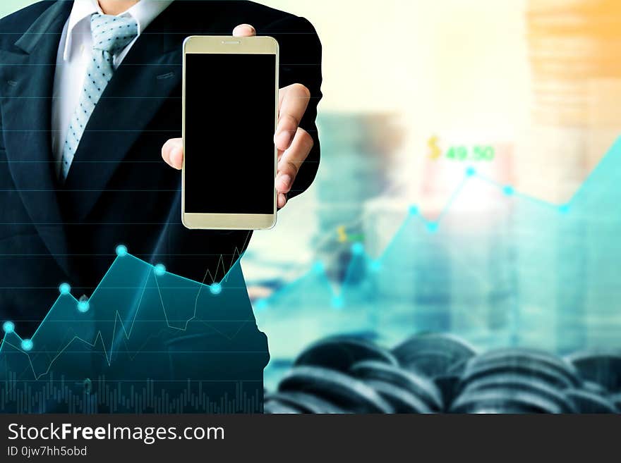 Finance and Investment concept.Money management and Financial chart.Double exposure investment. mock up smartphone