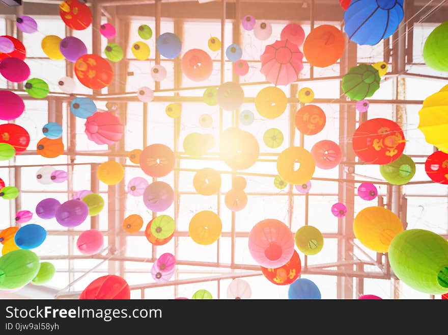 Colorful folding paper lantern on ceiling with Light fair,Chinese new year