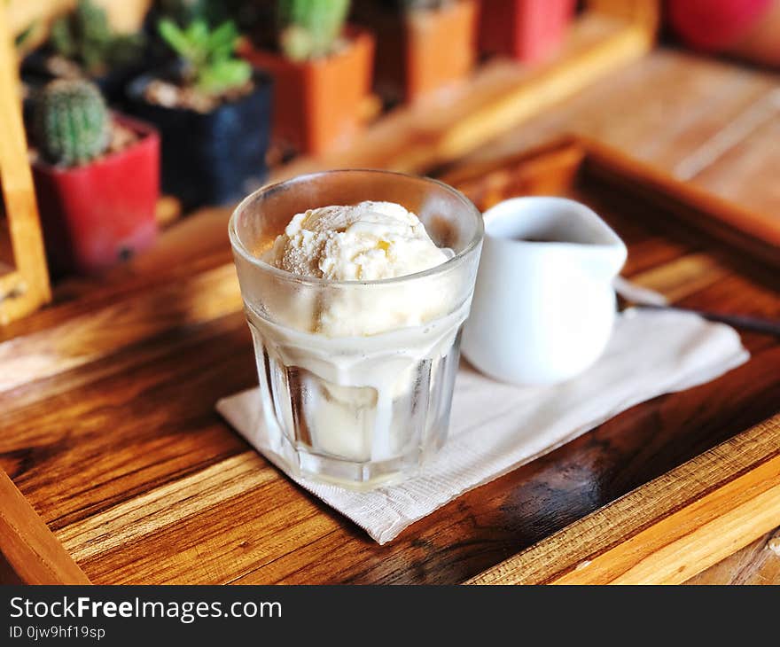 Espresso shot in white ceramic jar and Vanilla ice cream in glass on the wooden table with cactus background, Italian Iced Coffee Dessert name is `Affogato`.