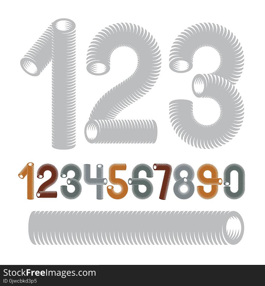 Trendy vector numerals collection. Modern funky numbers from 0 to 9 best for use in logo, poster creation. Made with 3d cylinder tube design, industry style.