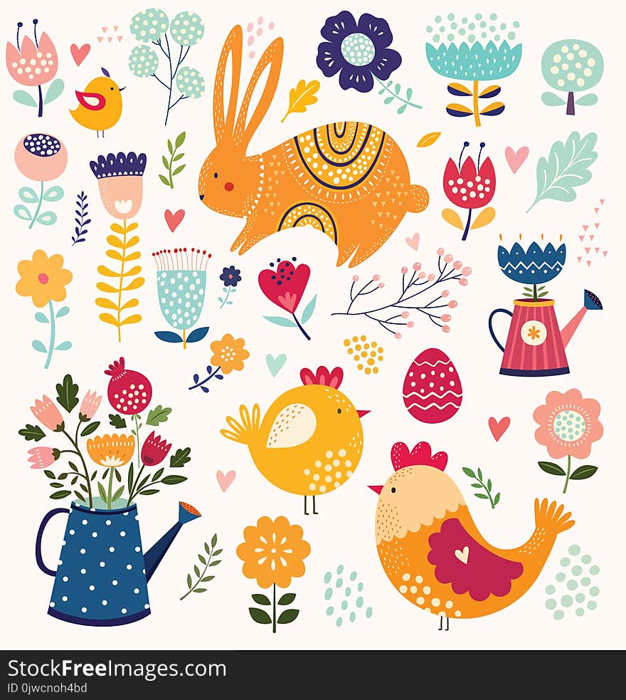 Easter Greeting Card. Illustration With Cute Bunny And Beautiful Flowers.