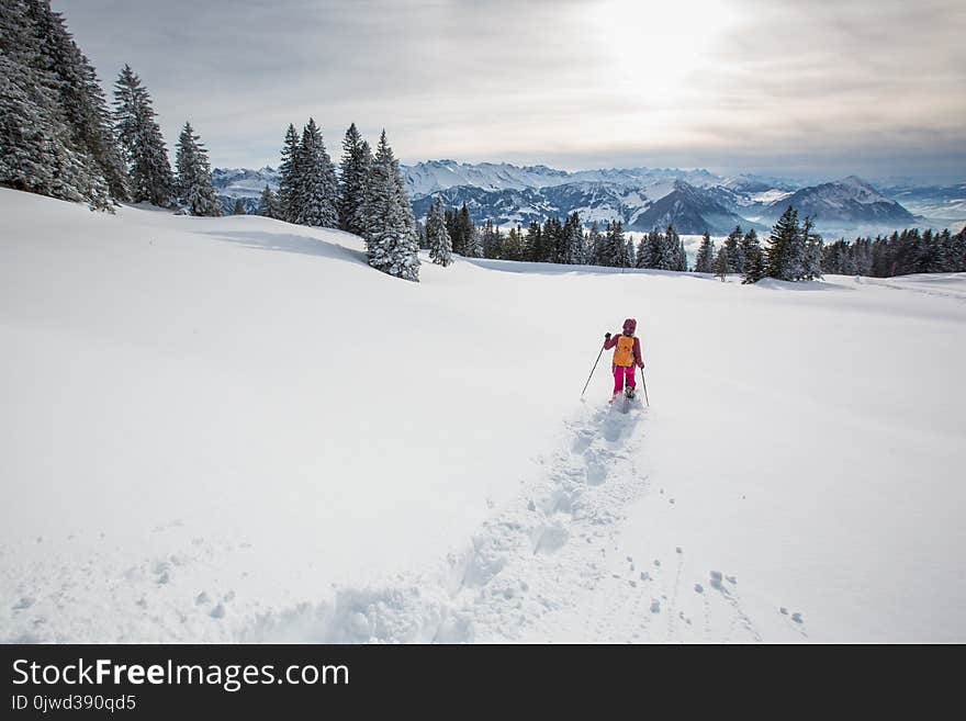 Pretty, young woman snowshoeing in high mountains, enjoying splendid winter weather with abundance of snow