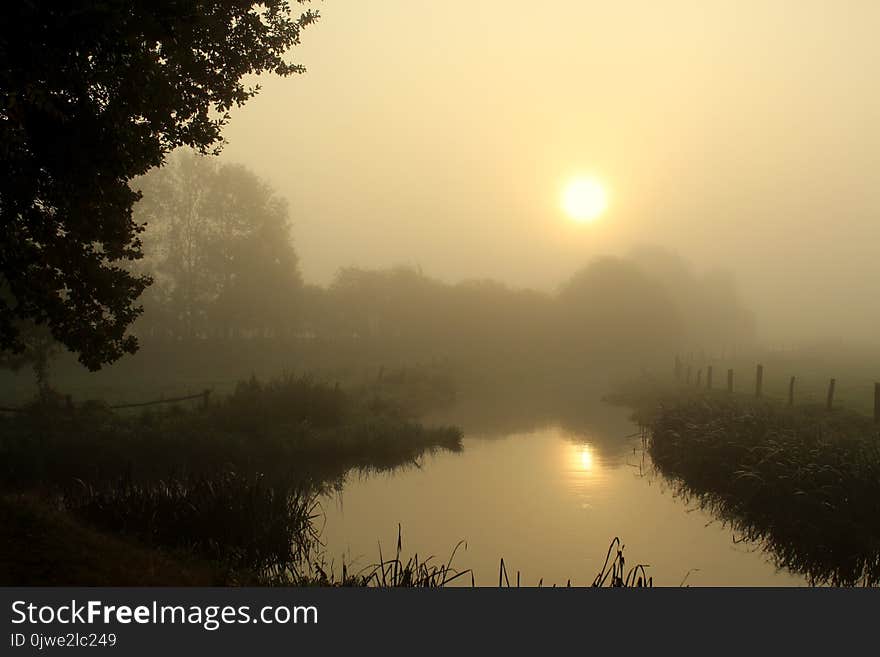 Waterway, Mist, Fog, Sunrise