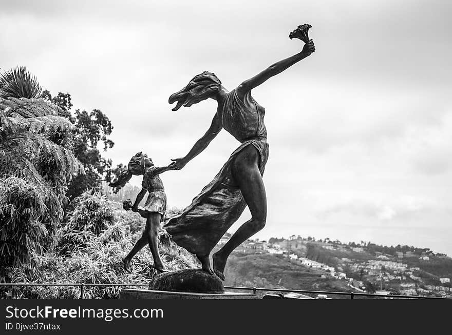 Statue, Black And White, Tree, Monument