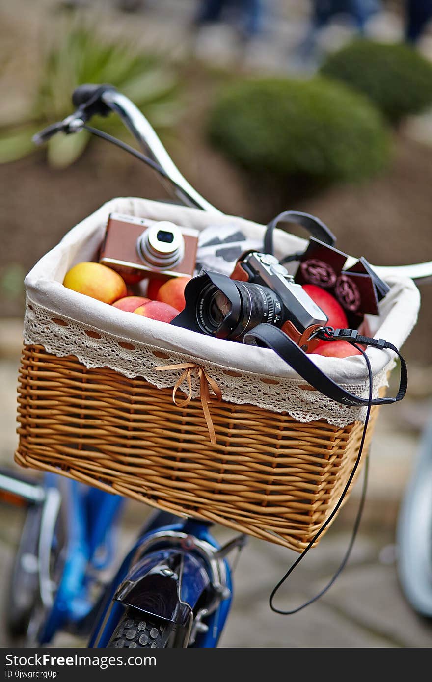 A basket with a camera and fruit on a bicycle creates a romantic mood for a pleasant walk on a day off. A basket with a camera and fruit on a bicycle creates a romantic mood for a pleasant walk on a day off.