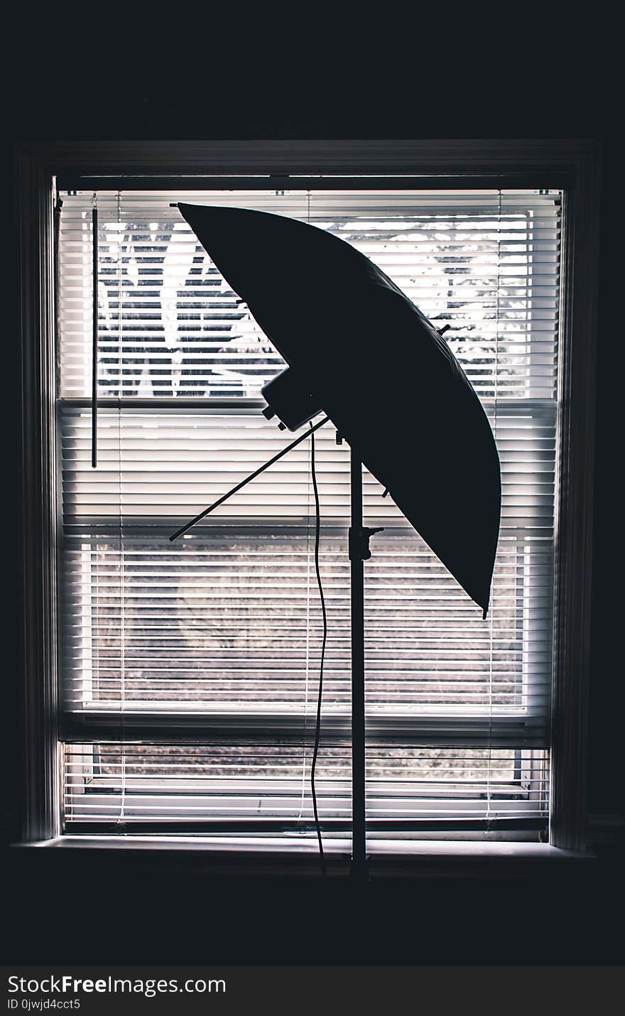 Silhouette Photo of Studio Umbrella Near White Window Blinds Inside Room