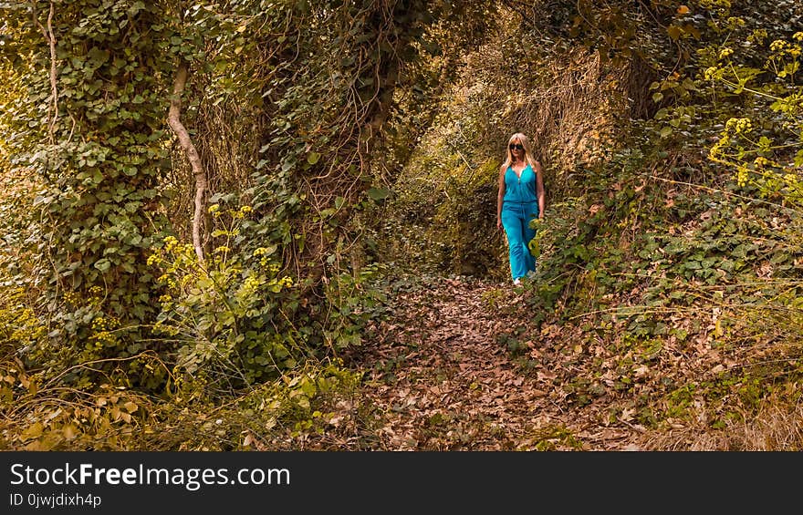 Woman Wearing Blue Jumpsuit Walking in Forest