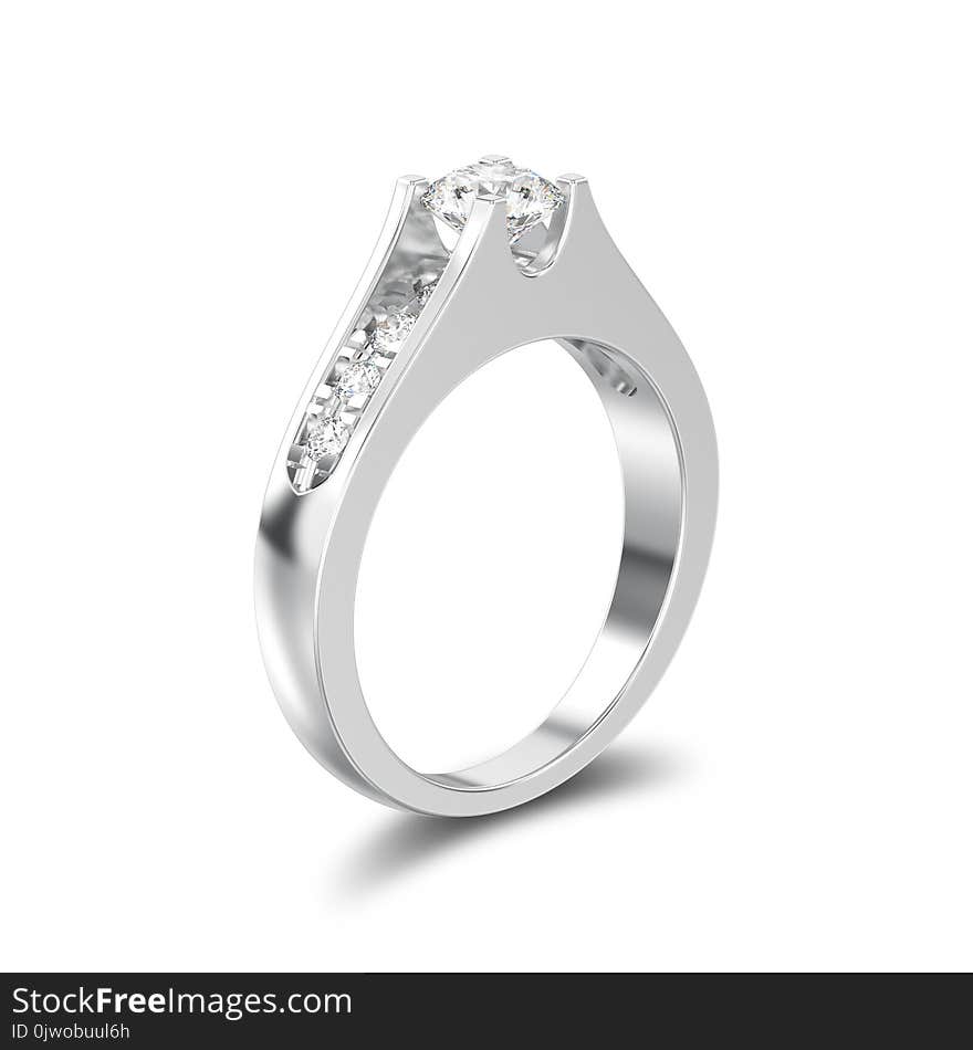 3D illustration isolated white gold or silver decorative engagement wedding diamond ring with shadow