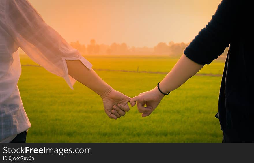 Close up Two Asian women wearing white and black shirts stand be hand in hand and look at the green Field morning light.