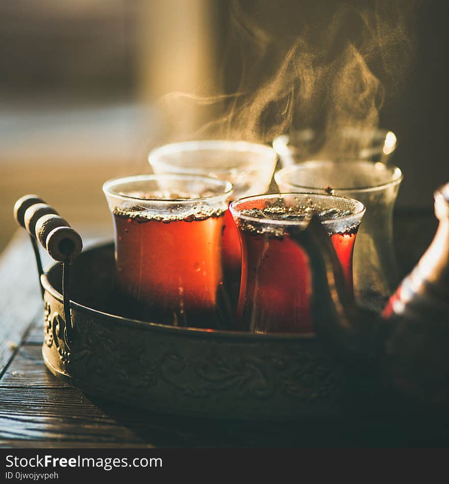 Freshly Brewed Black Tea In Turkish Glasses, Square Crop