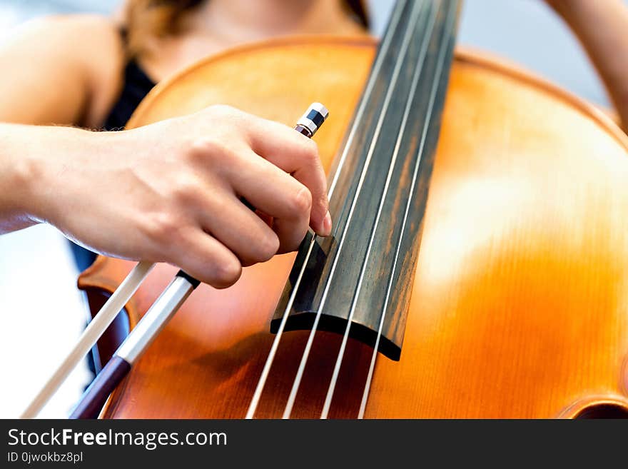 Close up of cello with bow in hands