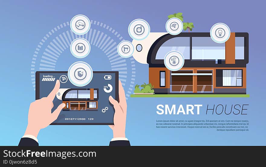 Smart Home Technology Banner With Hands Holding Digital Tablet Device With Control System Flat Vector Illustration