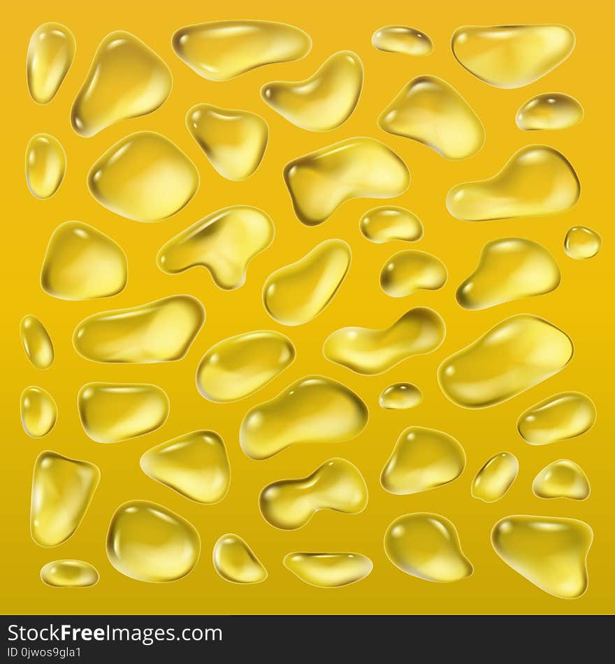 Realistic drops of a rain on a yellow background in the form of glass. Abstract background. Vector illustration. EPS 10. Realistic drops of a rain on a yellow background in the form of glass. Abstract background. Vector illustration. EPS 10