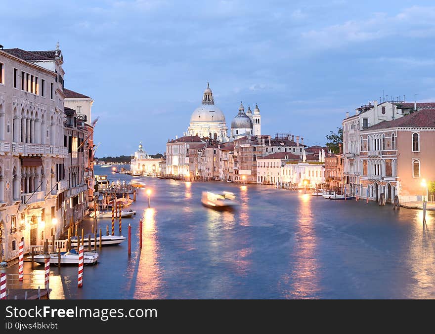 Venice cityscape at night with Grand Canal and Basilica Santa Ma