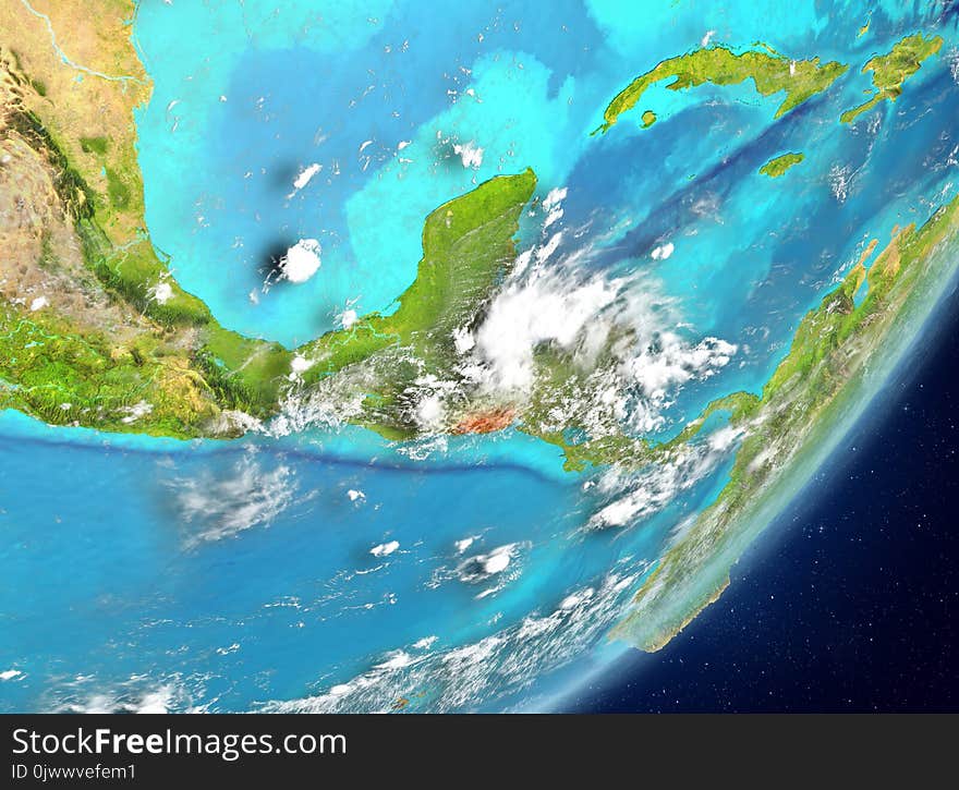 Satellite view of El Salvador highlighted in red on planet Earth with clouds. 3D illustration. Elements of this image furnished by NASA. Satellite view of El Salvador highlighted in red on planet Earth with clouds. 3D illustration. Elements of this image furnished by NASA.