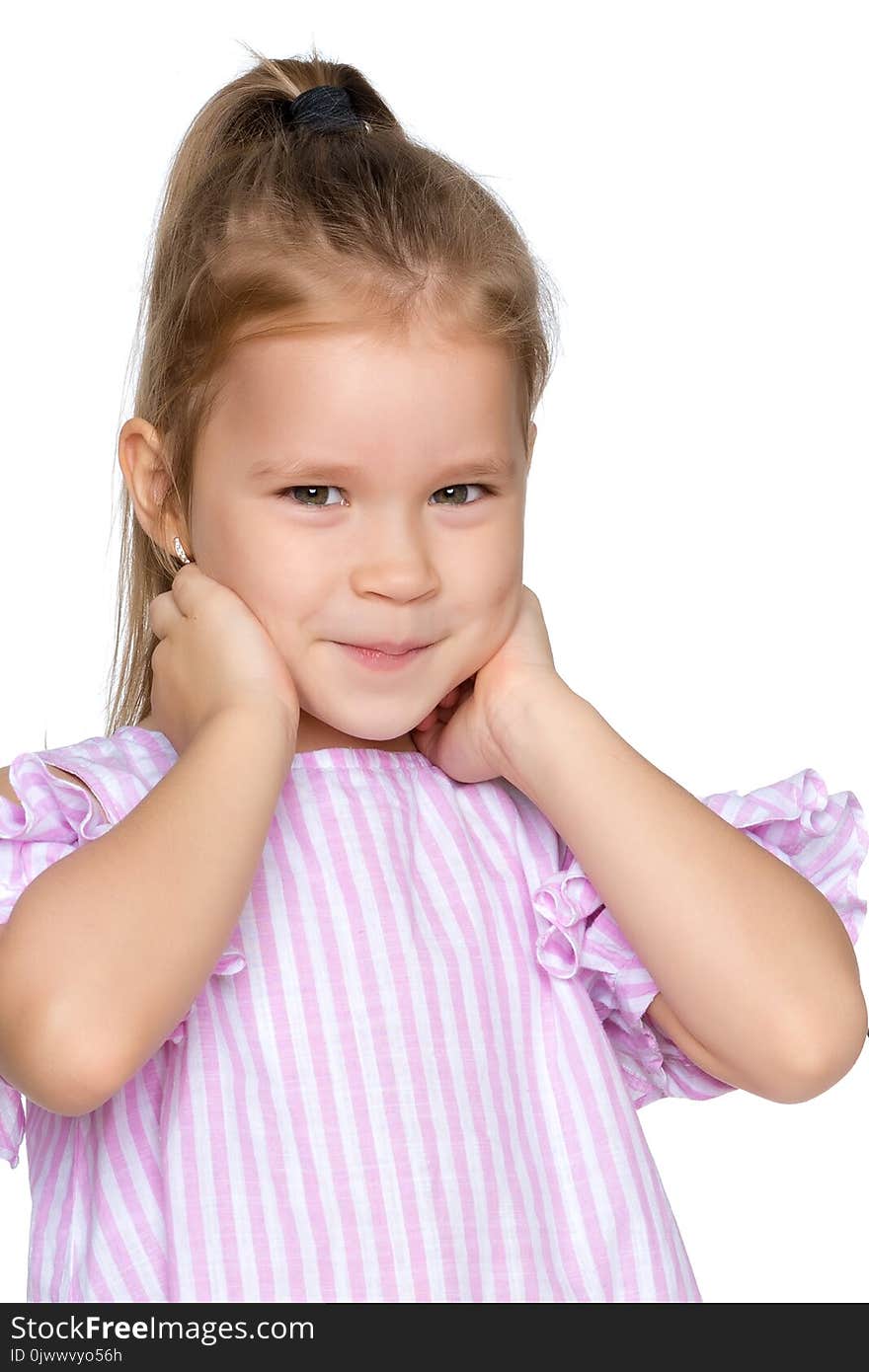 A nice little girl thinks. The concept of education and school, children`s creativity. Isolated on white background. A nice little girl thinks. The concept of education and school, children`s creativity. Isolated on white background.