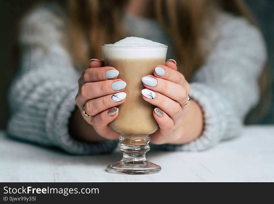 Latte Coffee Art Hand Woman In Coffee Shop In Vintage Color Filter