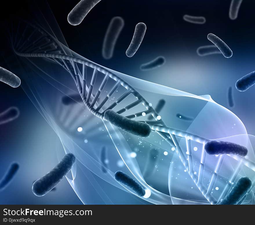 3D render of a medical background with virus cells and DNA strand. 3D render of a medical background with virus cells and DNA strand