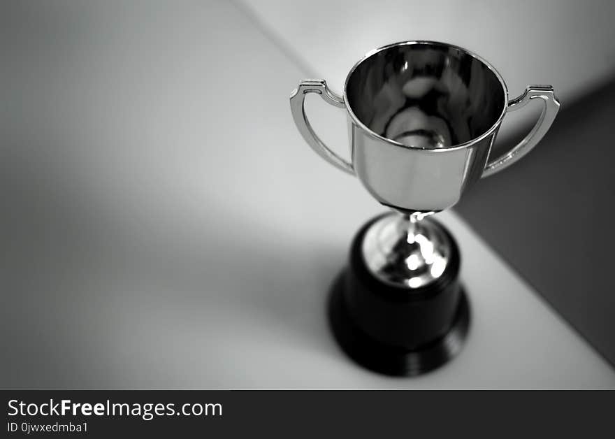 Champion golden trophy placed on table .