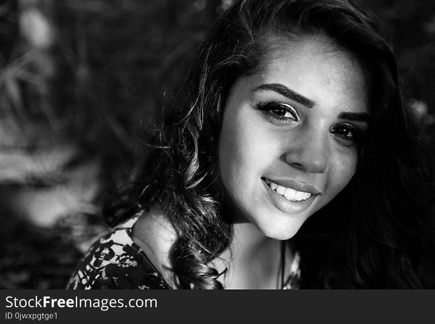 Woman Wearing Floral Shirt Grayscale Portrait