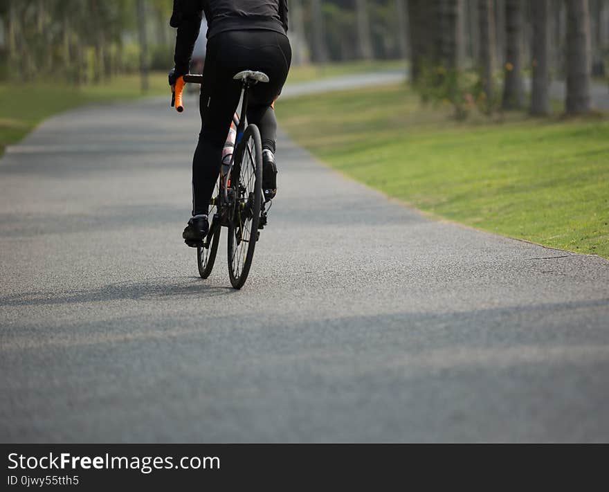 Cyclist riding bike in tropical park