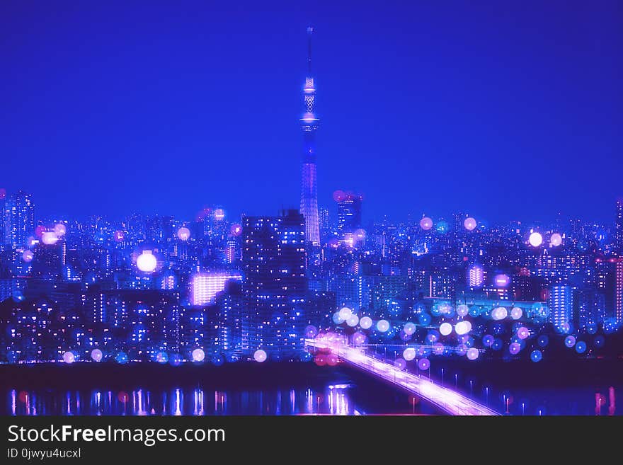 Tokyo City Night Background with Blur Bokeh Lights