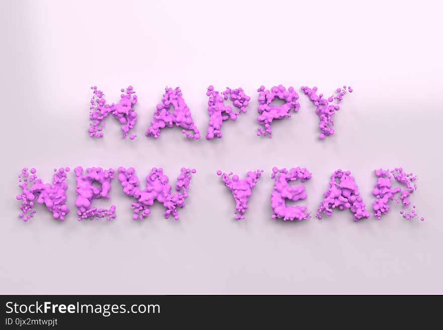 Liquid violet Happy New Year words with drops on white background