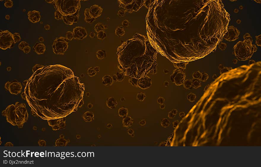 Abstract orange virus cells under microscope. Multiplication of bacteria or infection. Scientific background. 3D rendering illustration