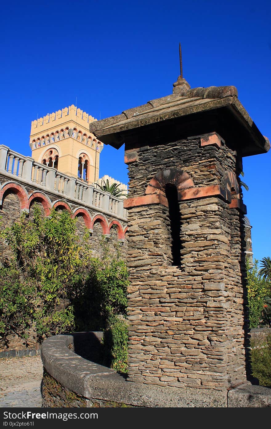 Medieval guard tower in the castle inside Villa Pallavicini in Arenzano, Italy.