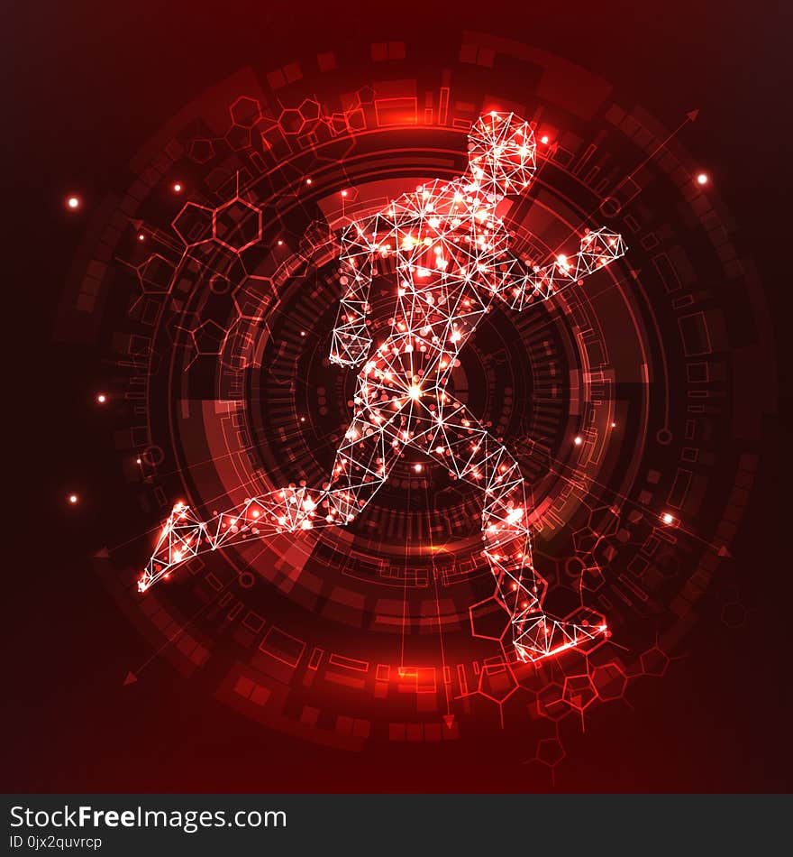 Futuristic red infographics as head-up display. Human Body. Futuristic abstract 3D visualization. Running Man.