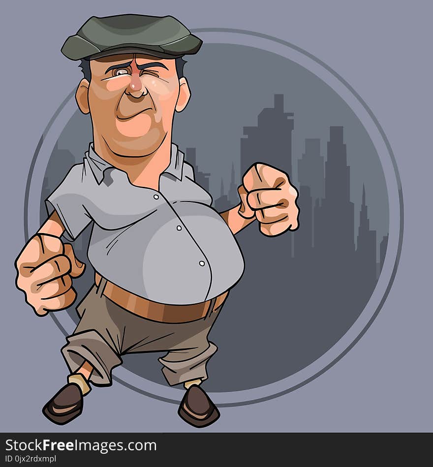 Cartoon bellied man with fists in cap