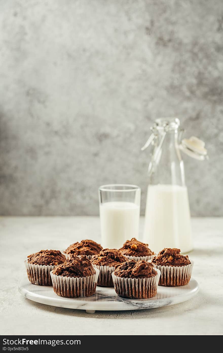 Chocolate Muffin with Milk. Food background wiht copyspace. Selective focus