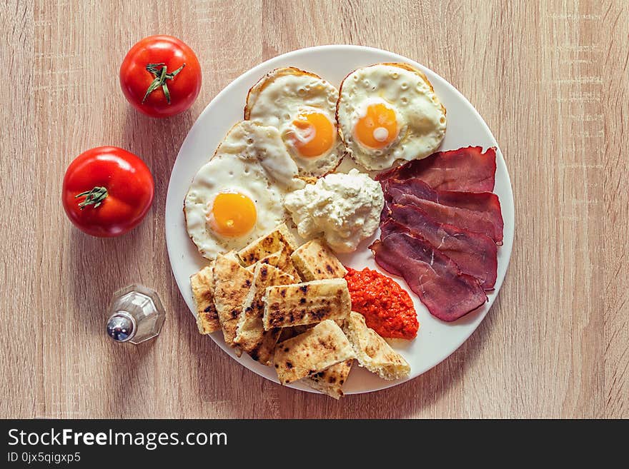 Serbian Breakfast With Eggs, Ham, Cheese, Ajvar And Homemade Bread