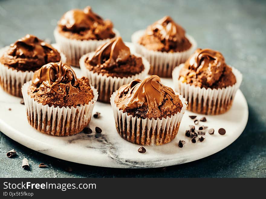 Dark chocolate muffins with Chocolate Chips, closeup