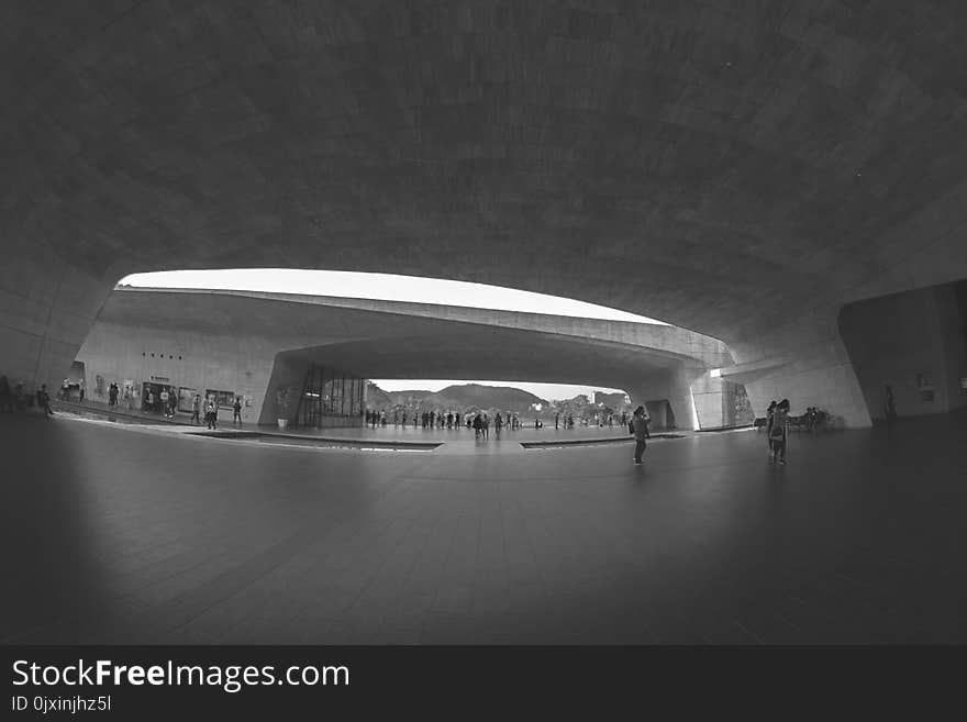 Grayscale Photography of Group of People Under Concrete Structure