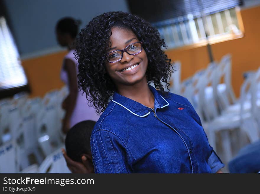 Blue, Woman, Glasses, Smile