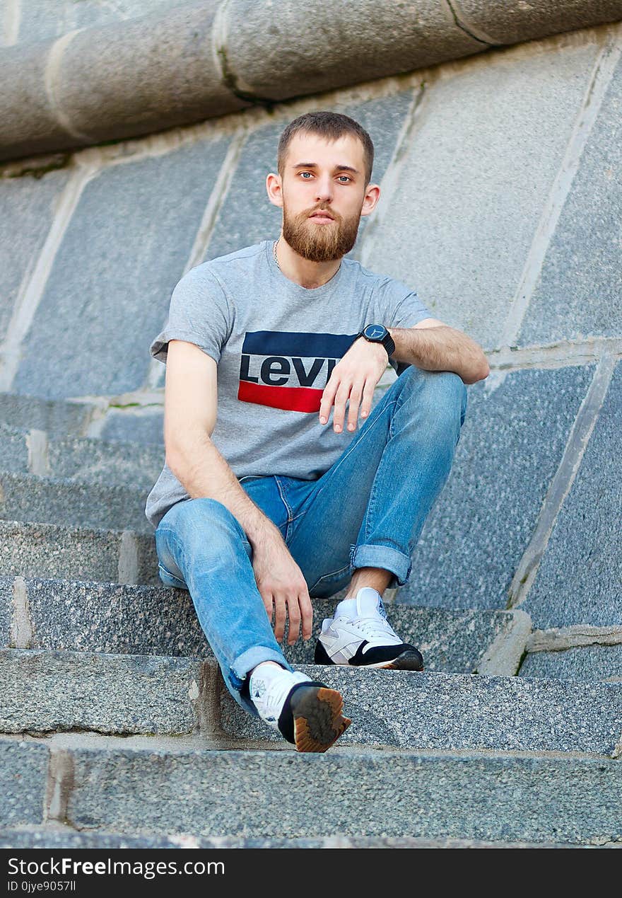 Blue, Photograph, Man, Sitting