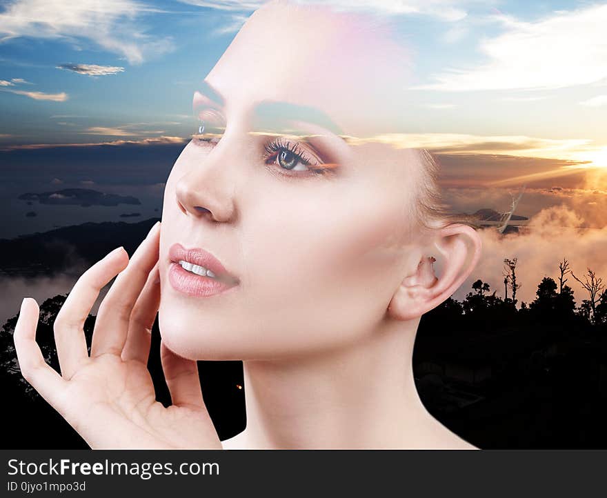 Double exposure portrait of young woman and nature sunset. Double exposure portrait of young woman and nature sunset.