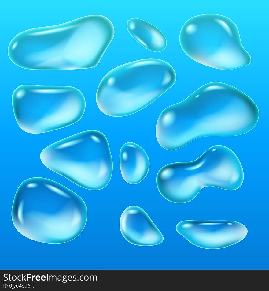 Realistic drops of a rain on a blue background in the form of glass. Abstract set. Vector illustration. EPS 10